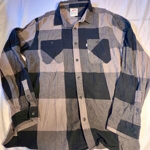 Levis Large Flannel Shirt Mens Grey Black Heavyweight Buffalo Plaid Button Down